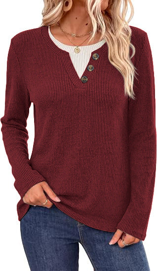 Women's Color Block Ribbed Button Long Sleeve Top