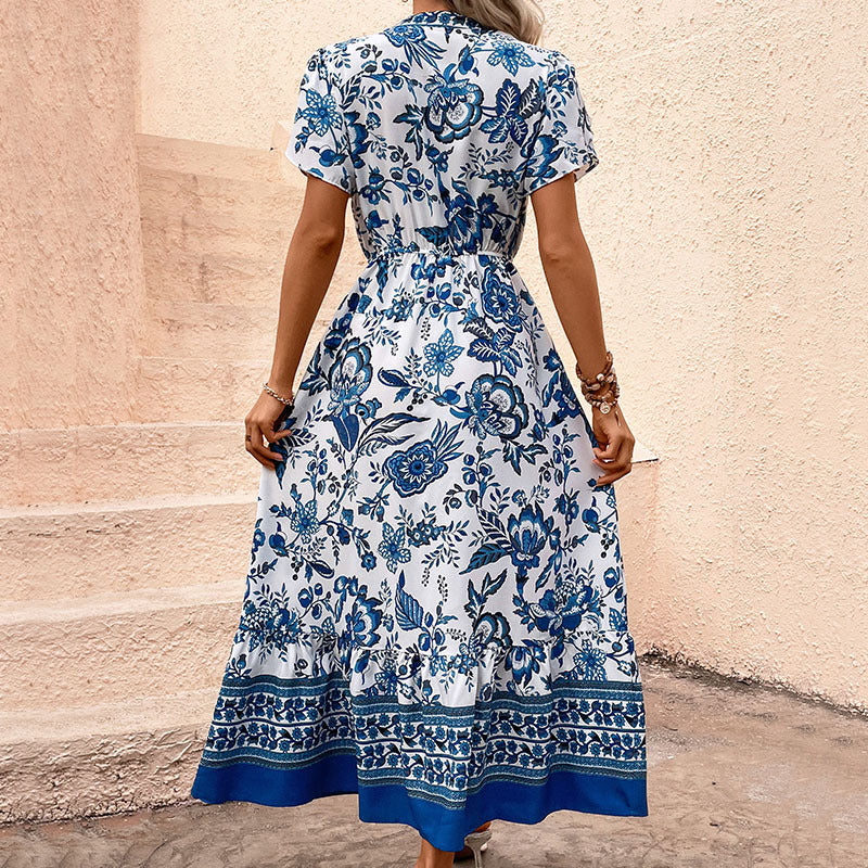 Floral Print Midi Dress Boho V Neck