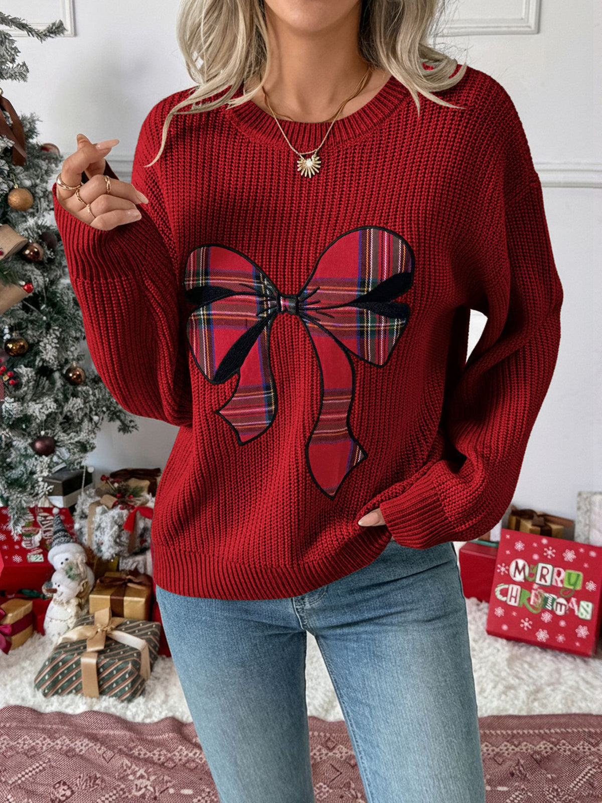 Women's Christmas Plaid Bow Oversized Knit Sweater