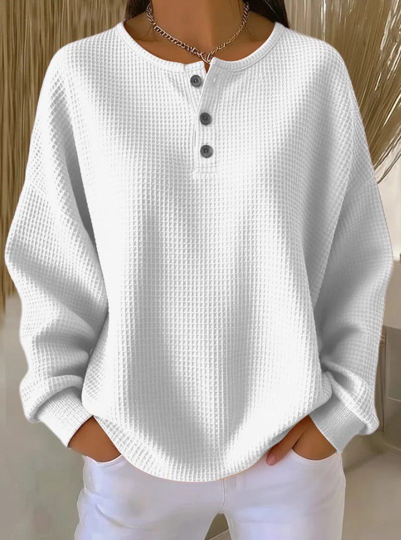 Waffle Knit Henley Top, Oversized Long Sleeve Pullover