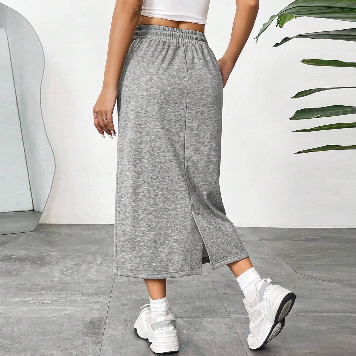 Solid Cotton Blend Skirt Casual Midi Drawstring Pocket
