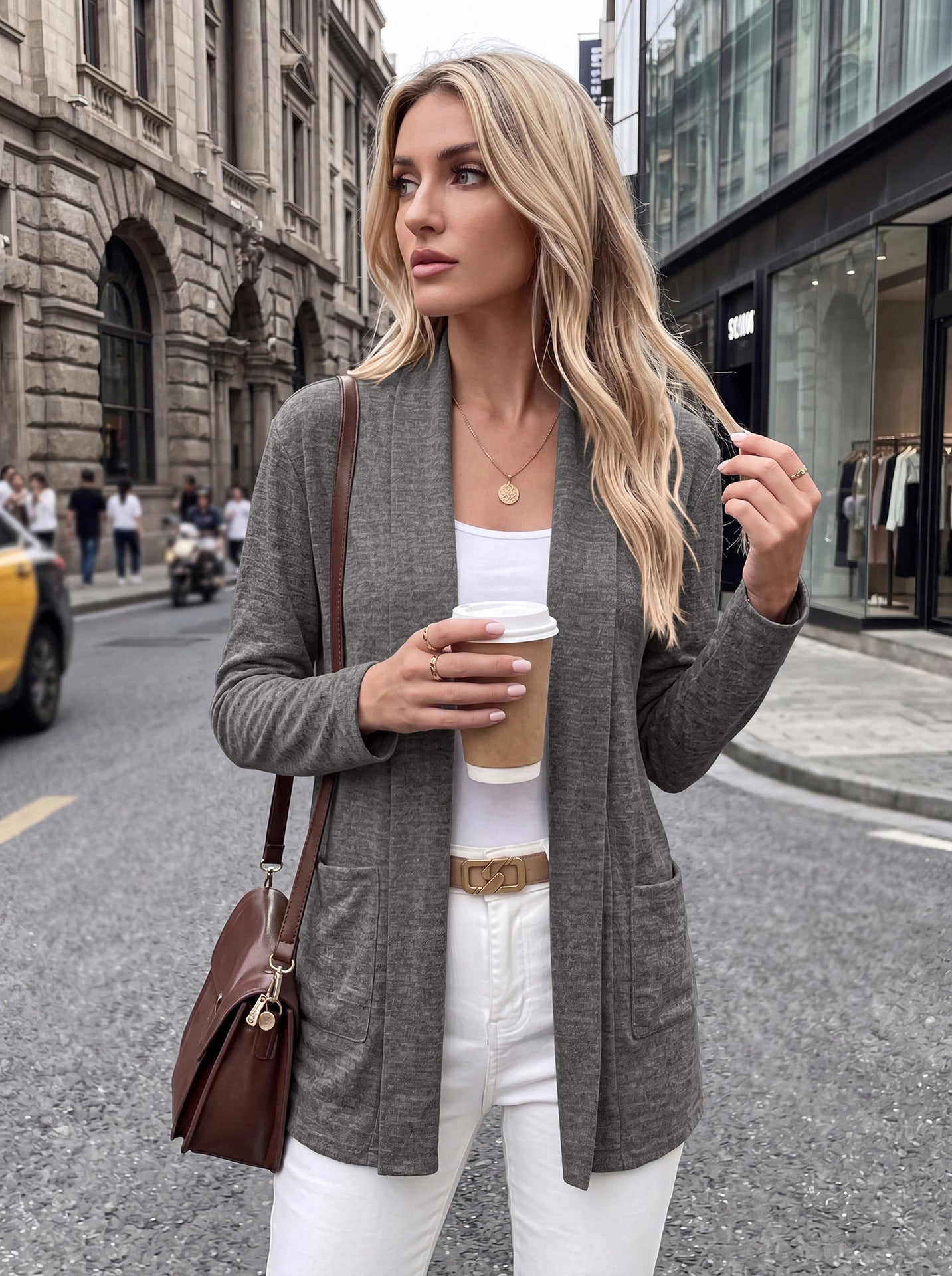Open Front Pocket Long Sleeve Cardigan
