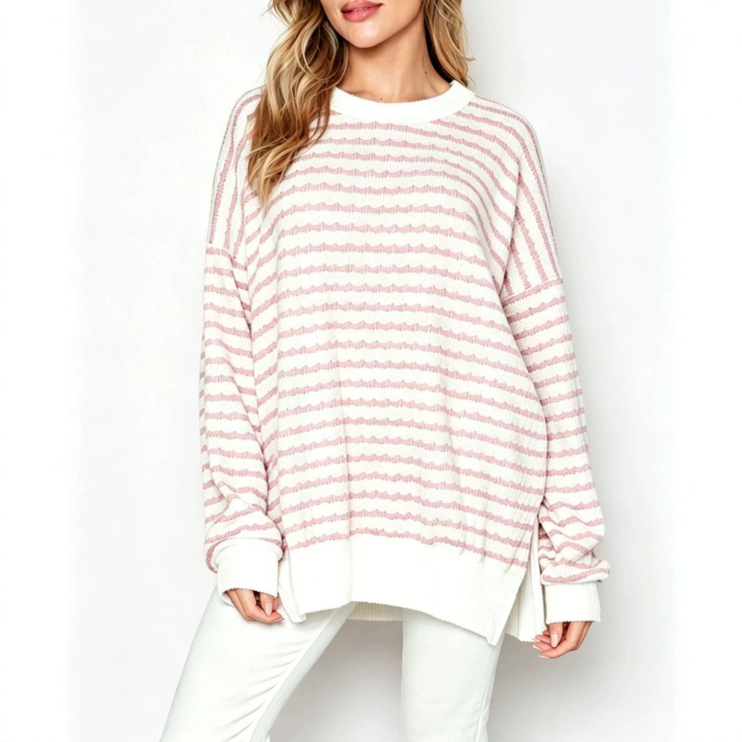Striped Oversized Crew Neck Sweater Boutique Knit Top