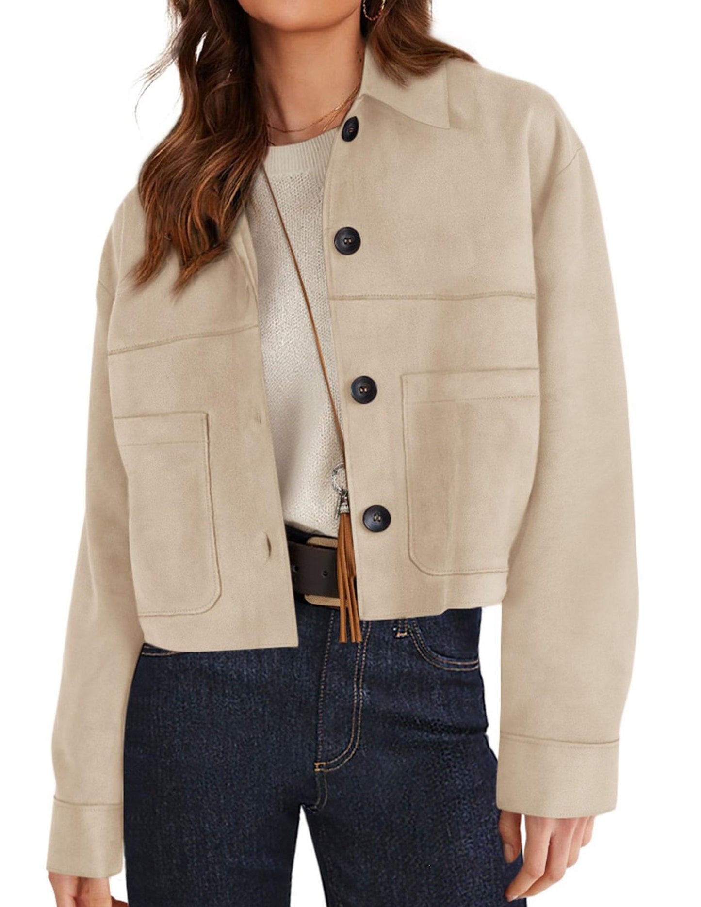 Solid Suede Jacket Western Cropped Button Front