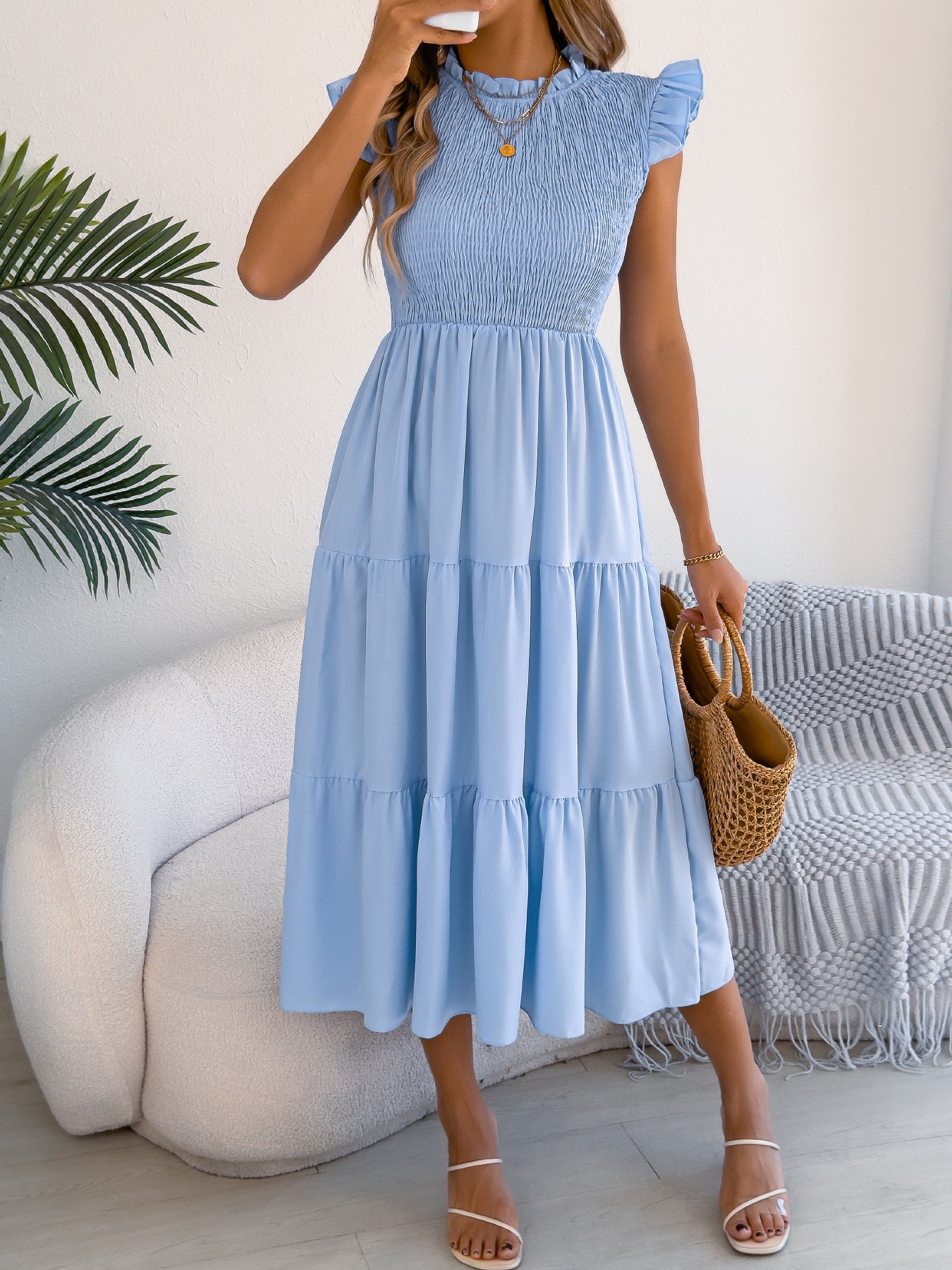 Solid Chiffon Dress Boho Smocked Ruffle Tiered