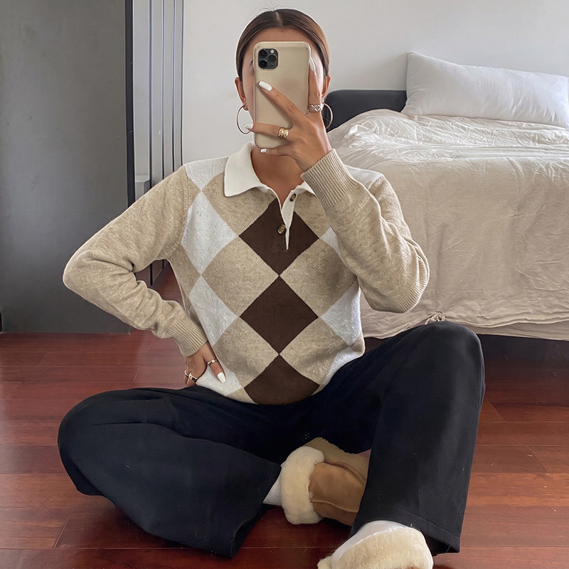 Argyle Polo Knit Sweater Colorblock Button Front Pullover