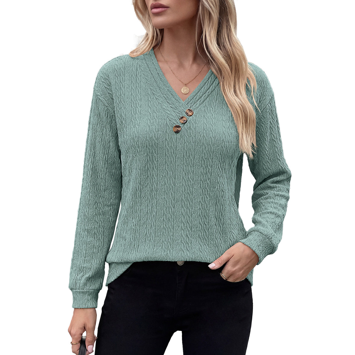 Womens Loose V Neck Button Long Sleeve Textured Top