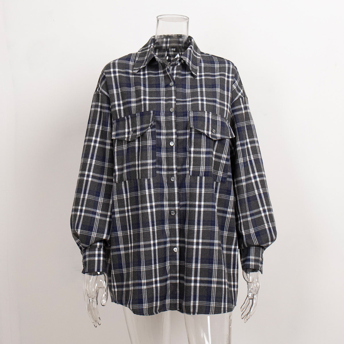 Plaid Button-Down Shirt with Flap Pockets  Oversized Fit