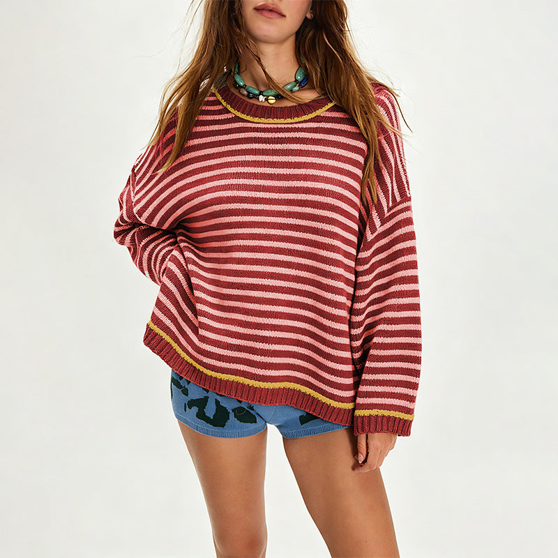 Oversized Striped Color Block Sweater Balloon Sleeve