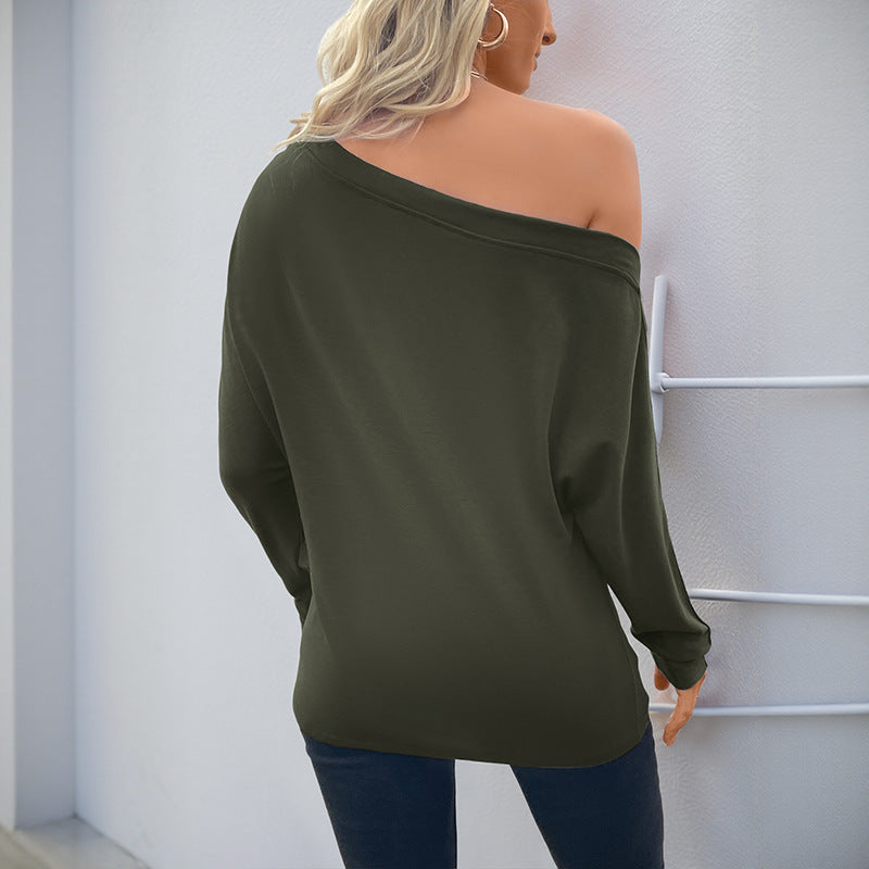 Olive Off Shoulder Long Sleeve Casual Pullover Top