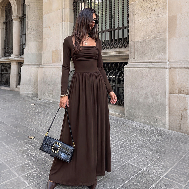 Brown Square Neck Long Sleeve Ruched Maxi Dress