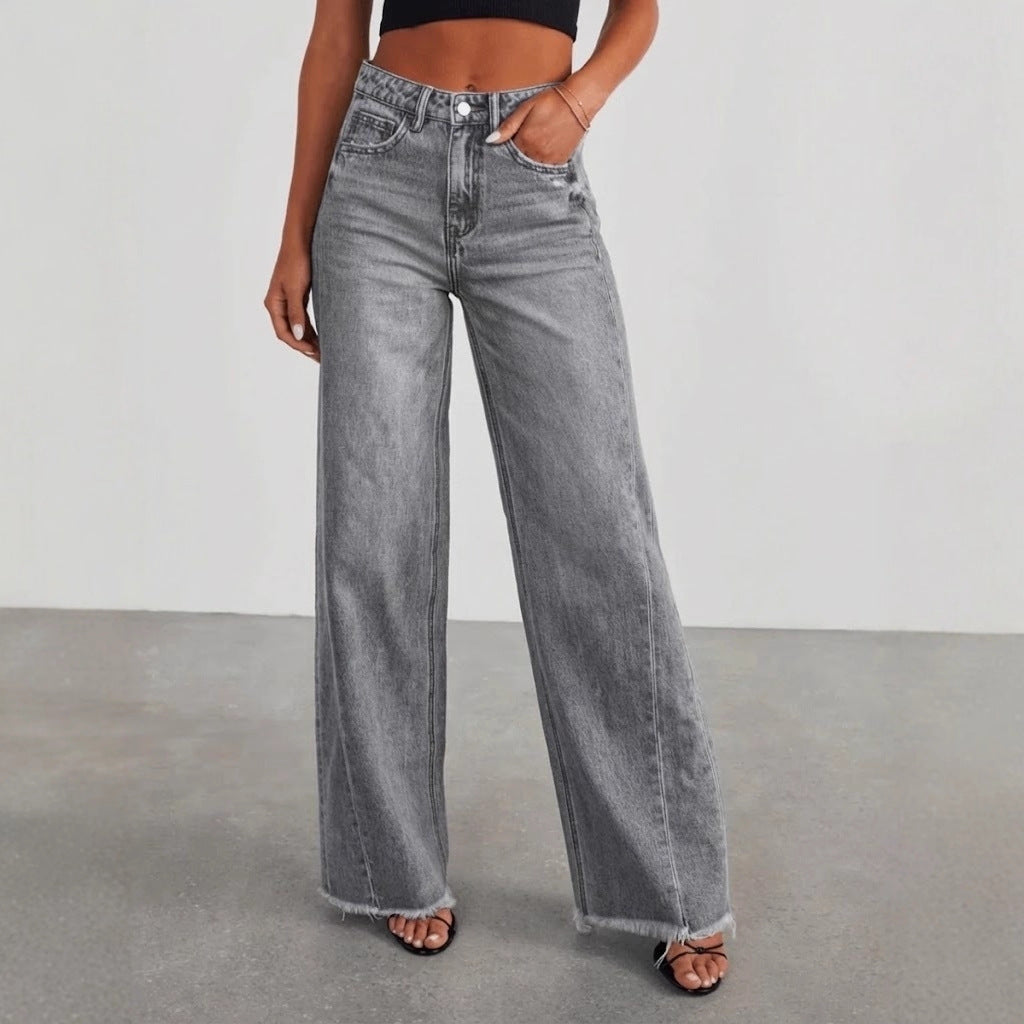 2026 High Waisted Wide Leg Washed Denim Jeans