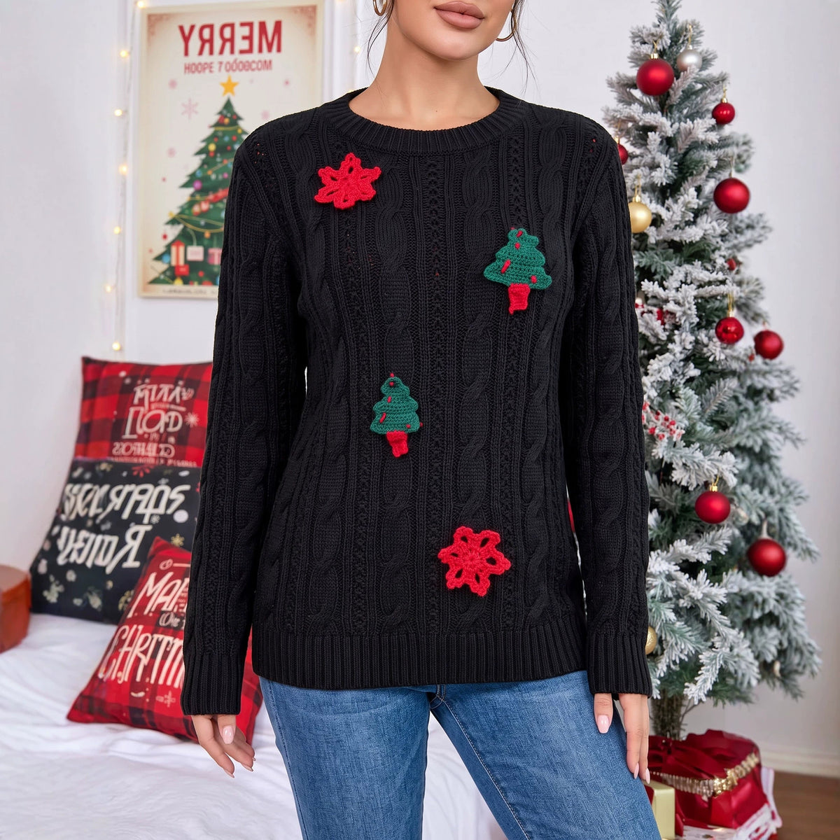 Women's Christmas Tree Snowflake Cable Knit Sweater
