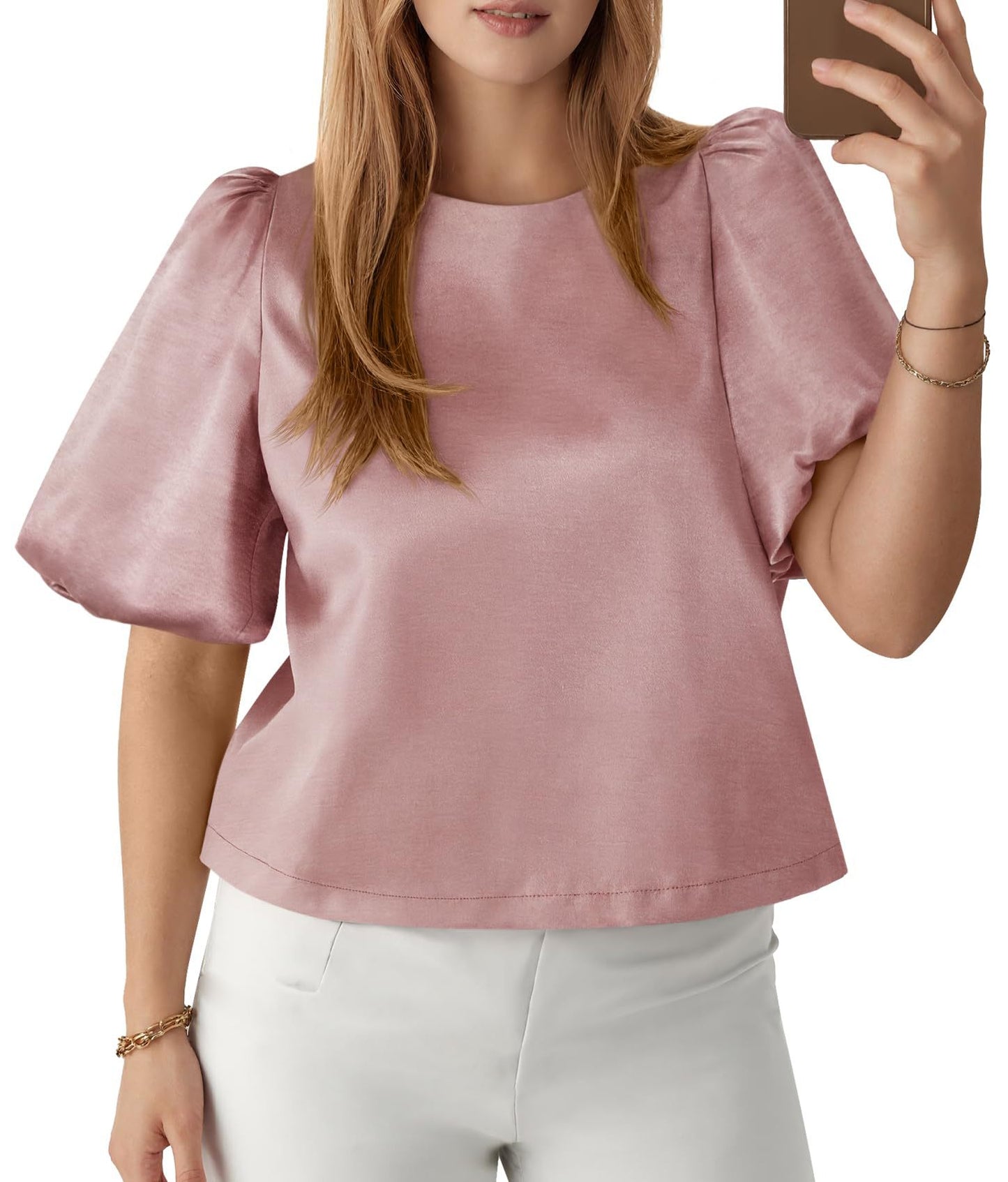 Satin Puff Sleeve Round Neck Elegant Blouse Top