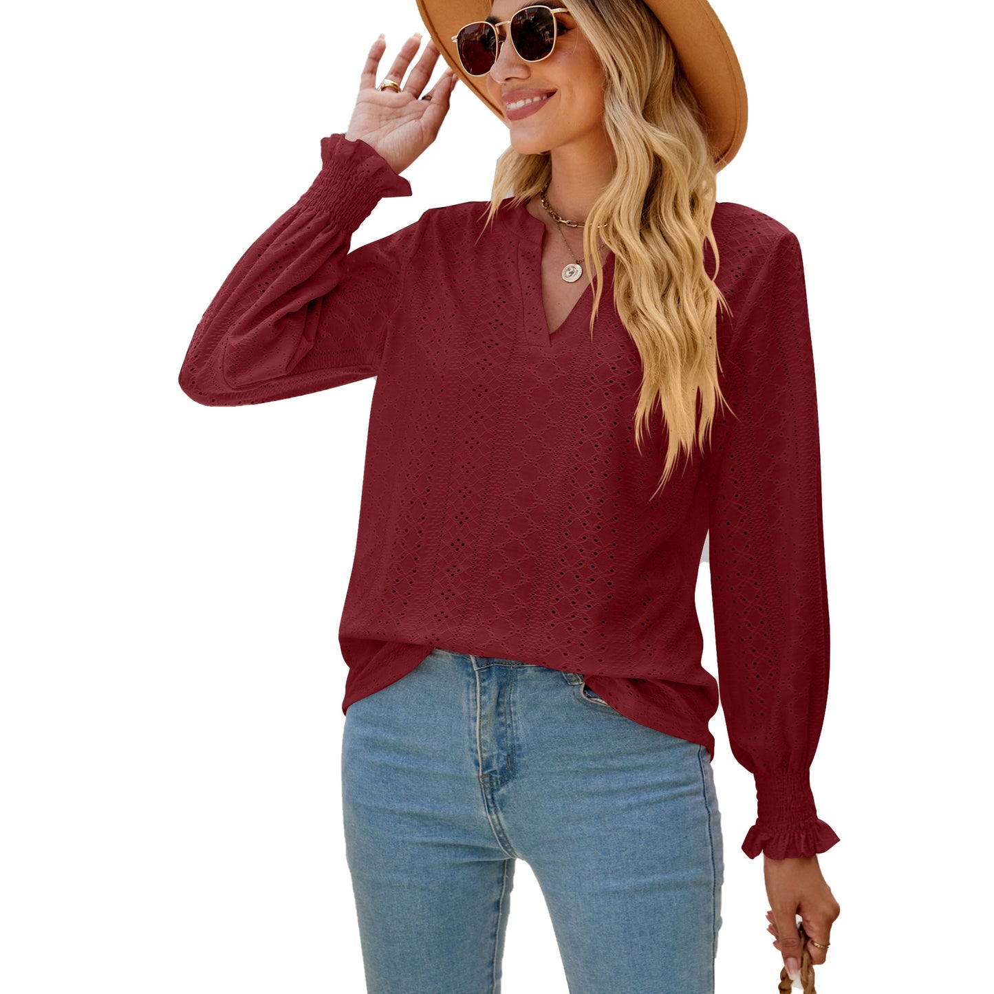 Eyelet V Neck Ruffle Sleeve Casual Long Sleeve Blouse