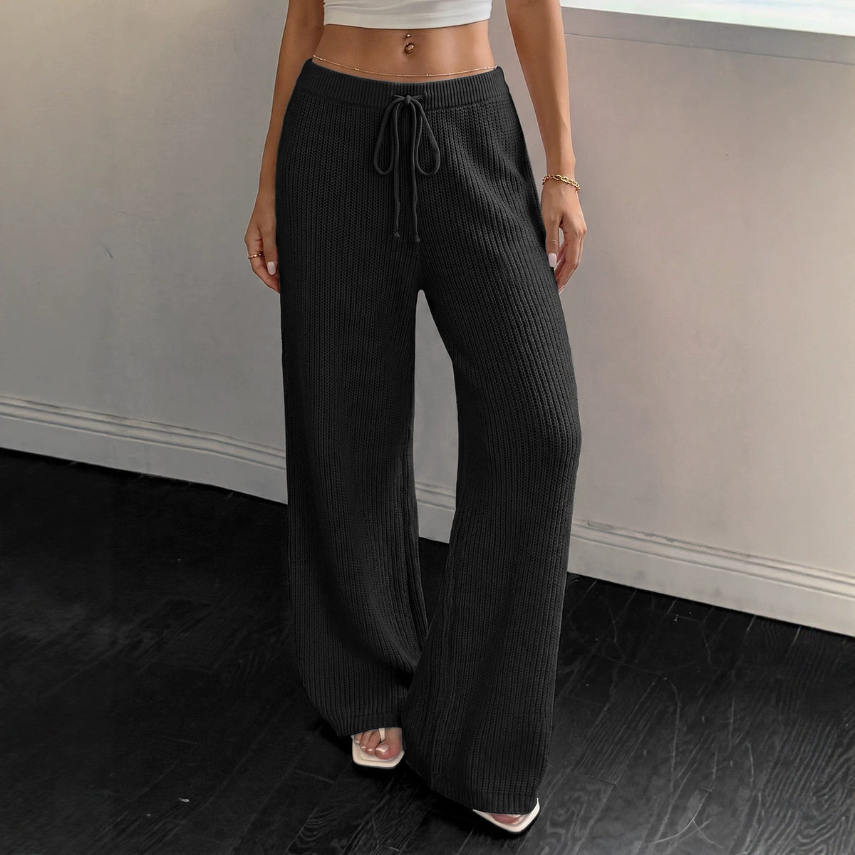 Women's Knit Wide Leg Pants Drawstring High Waist Casual
