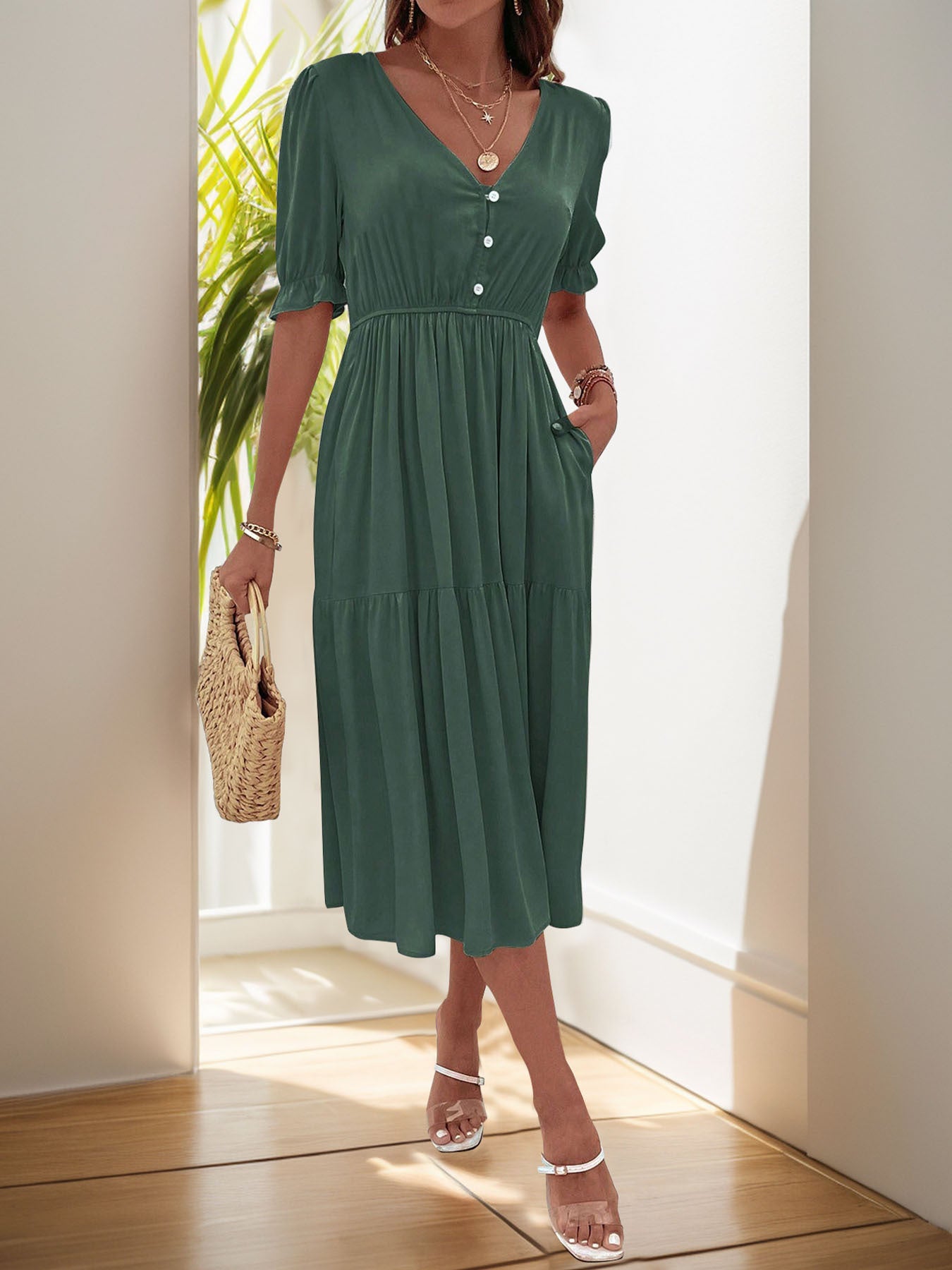 High Waist Solid Color Casual Midi Dress for Women