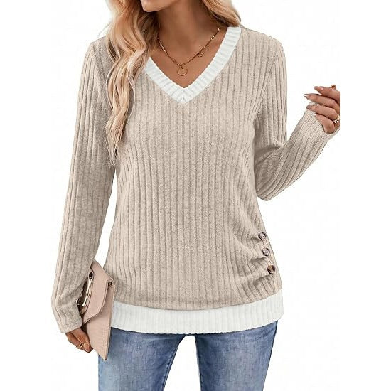 Color Block V Neck Long Sleeve Side Button Tunic Top