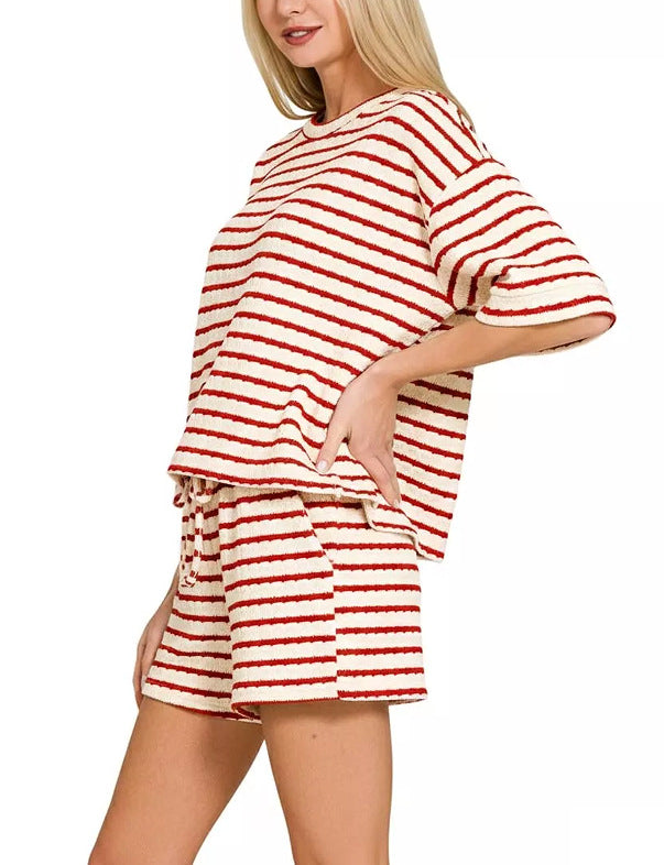 Striped Cotton Shorts Set Boutique Textured Knit Loungewear