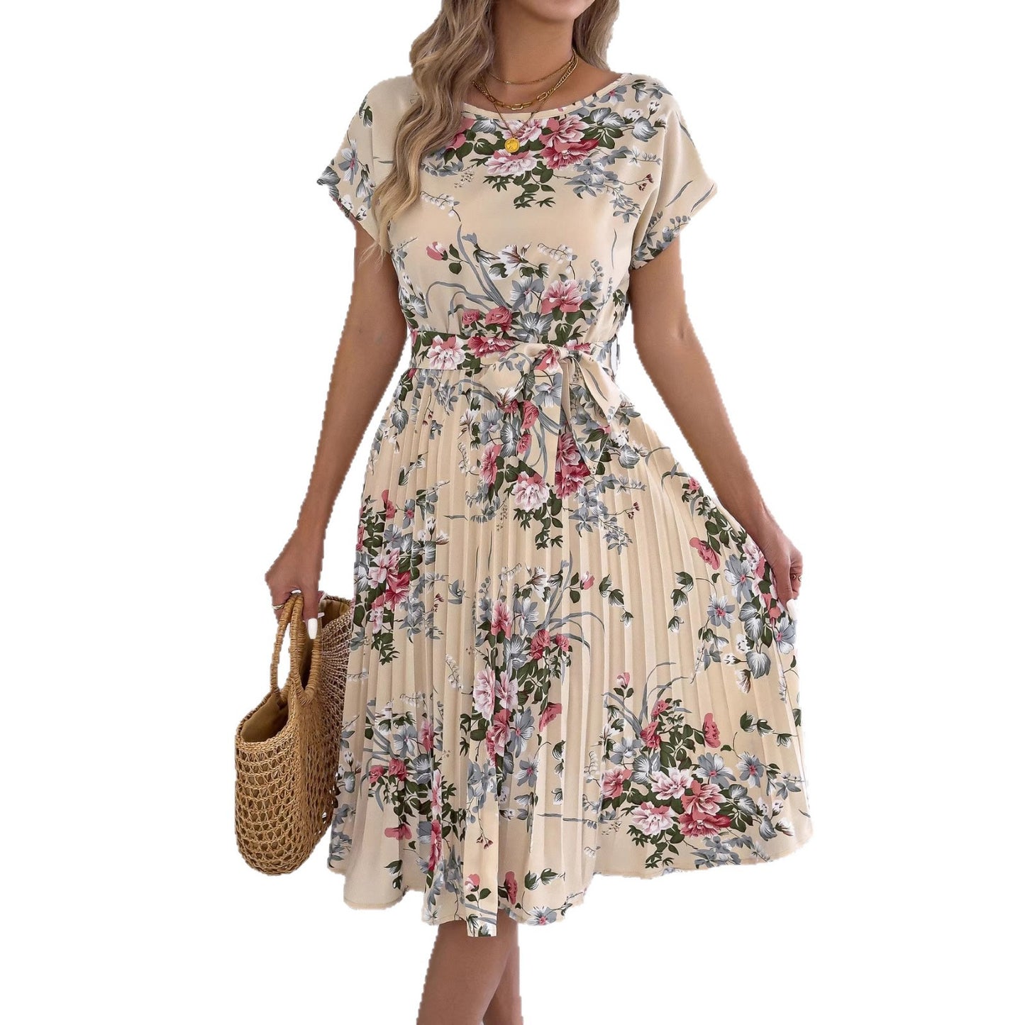 Navy Floral Pleated Midi Dress with Tie Waist Batwing Sleeves