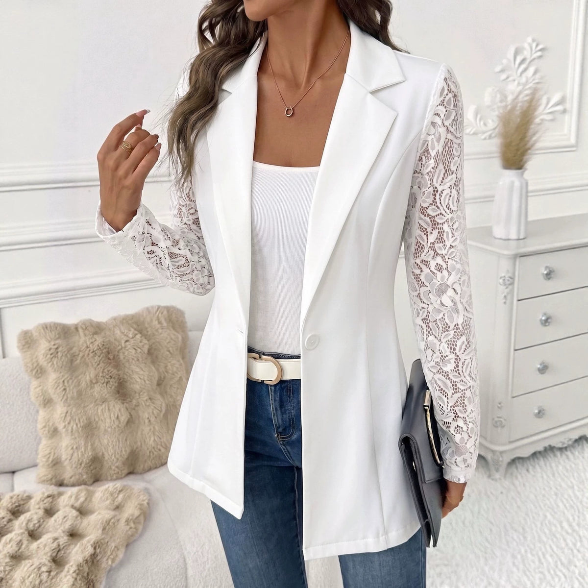 Womens Lace Sleeve One Button Fitted Blazer