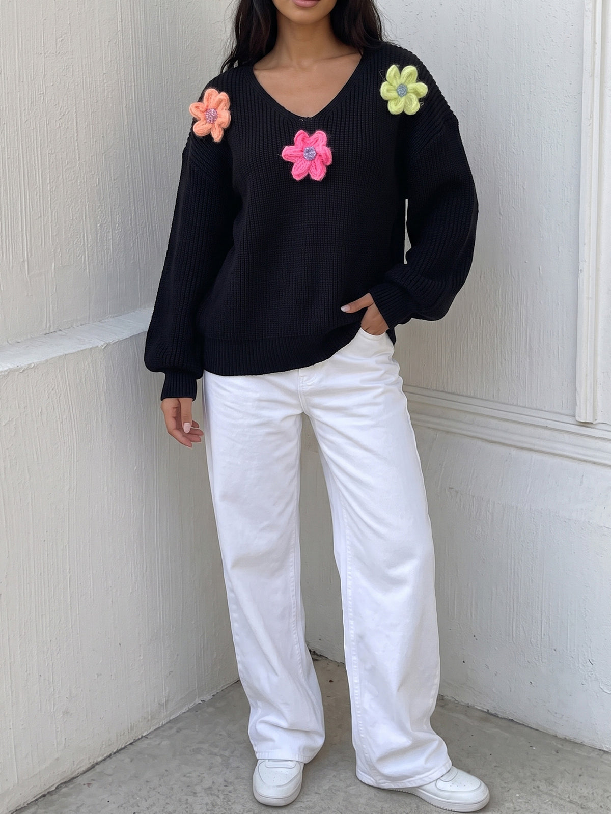 Women's Colorful Chunky Floral V Neck Knit Sweater