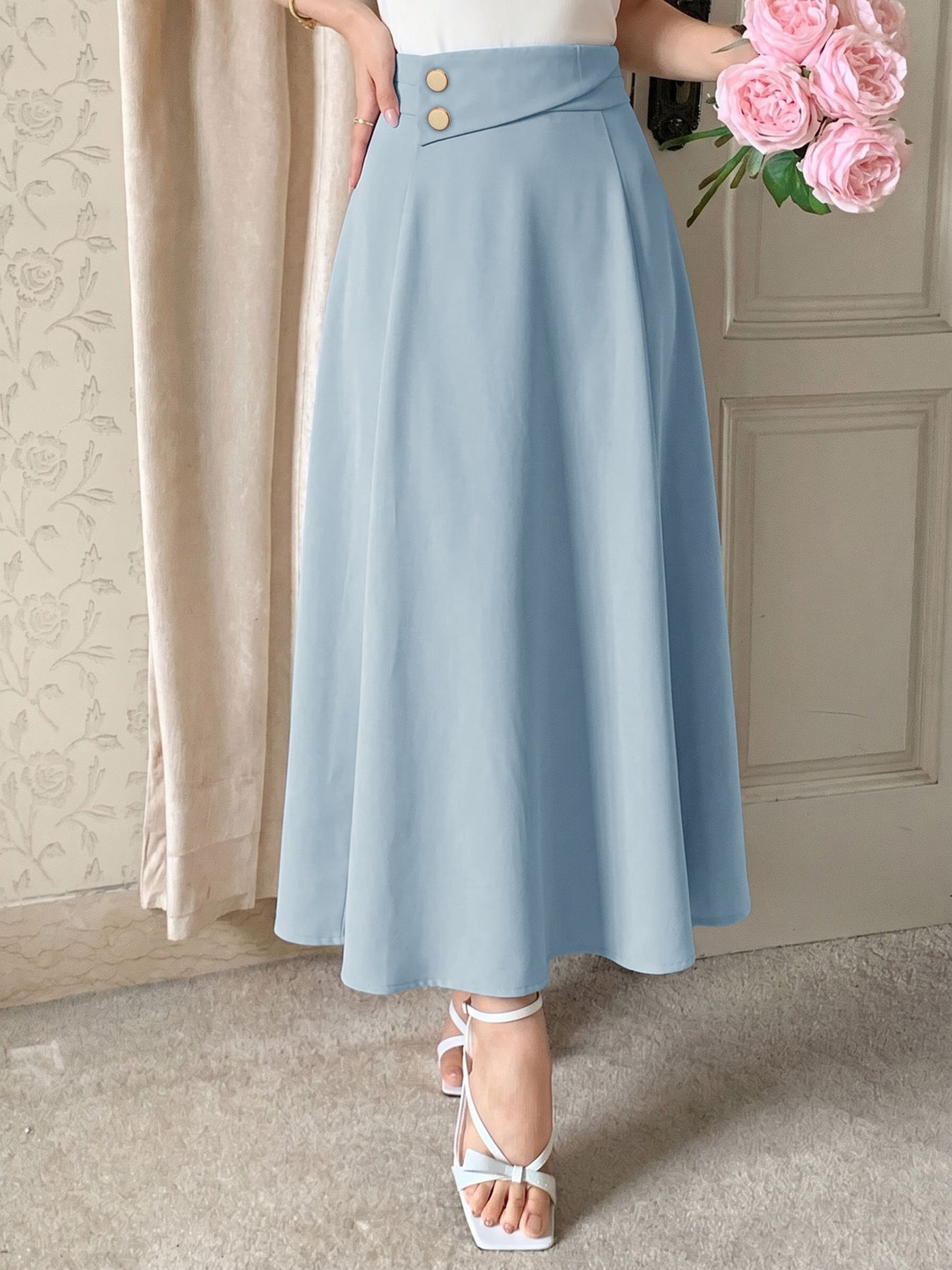 Solid Chiffon Midi Skirt Workwear High Waist Button