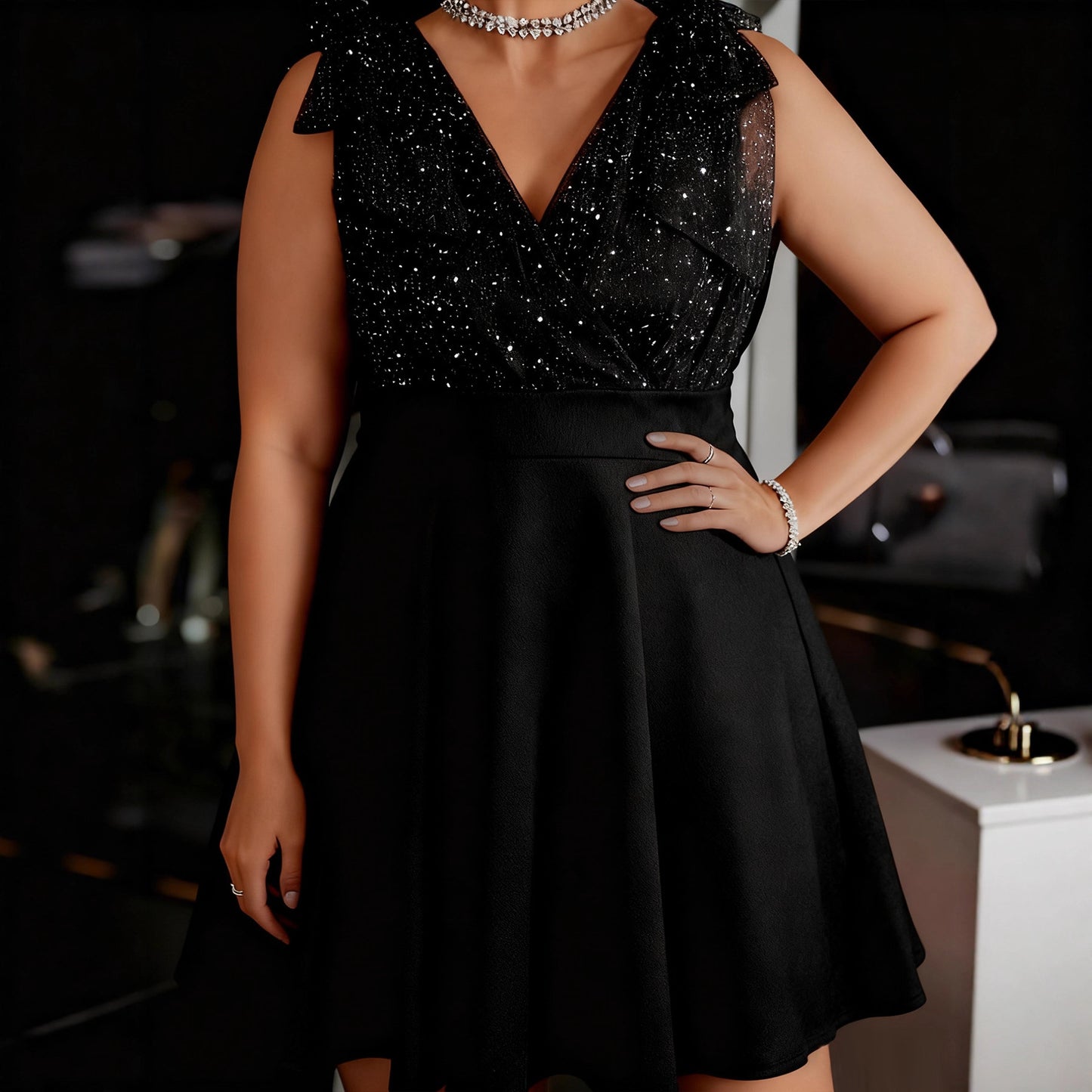 Plus Size Sequin Mesh V Neck Sleeveless Party Dress
