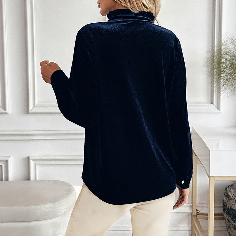 Velvet V Neck Button Down Long Sleeve Elegant Blouse