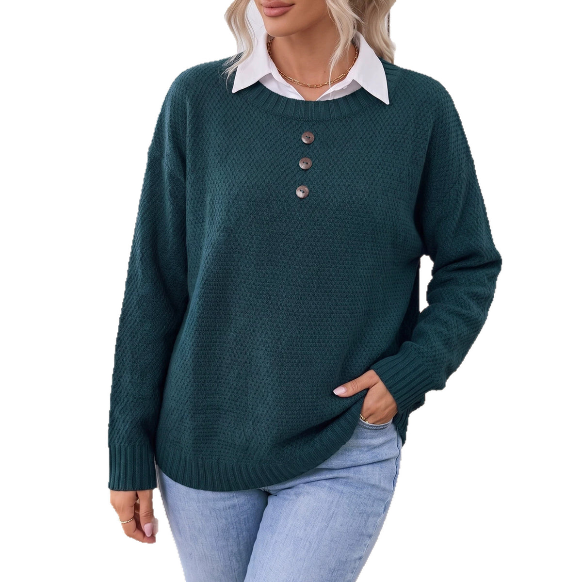 Women's Oversized Coconut Button Crew Neck Sweater