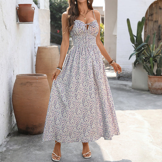 Floral Tie Strap Smocked Maxi Dress Sleeveless