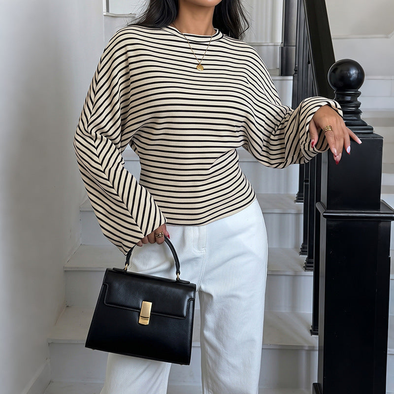 Striped Waffle Knit Dolman Sleeve Fitted Waist Top
