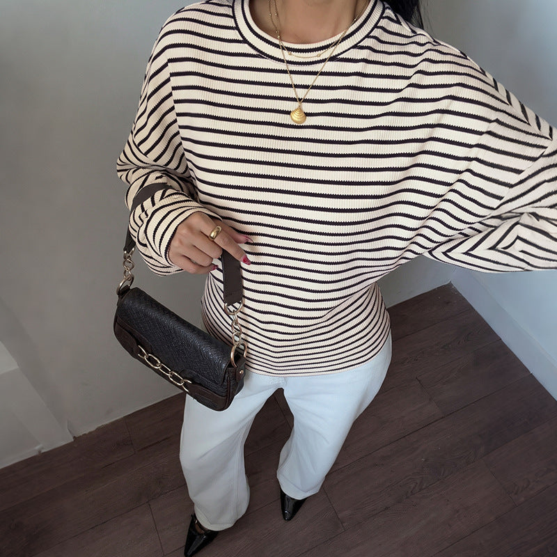Striped Waffle Knit Dolman Sleeve Fitted Waist Top