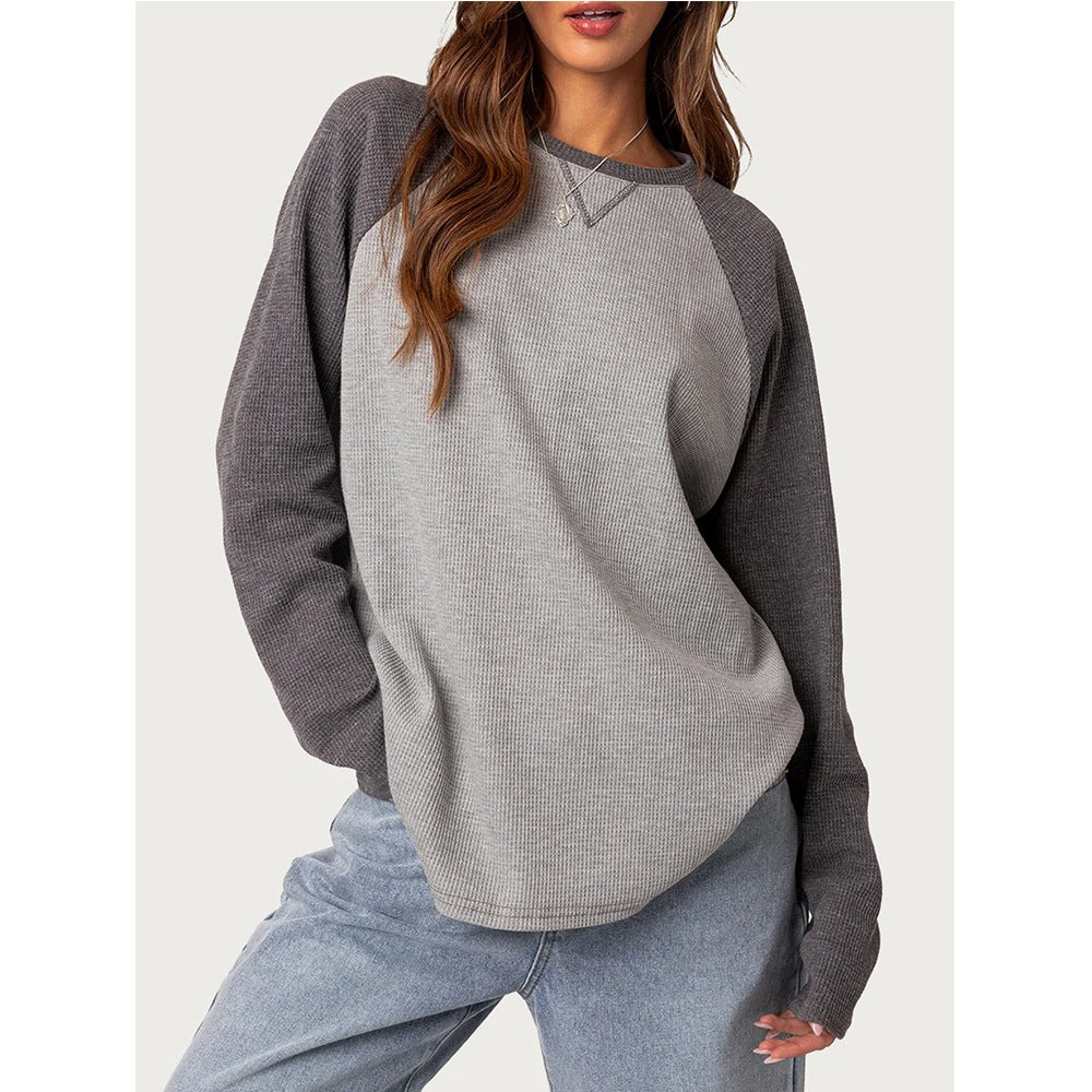 Colorblock Raglan Sleeve Waffle Knit Top