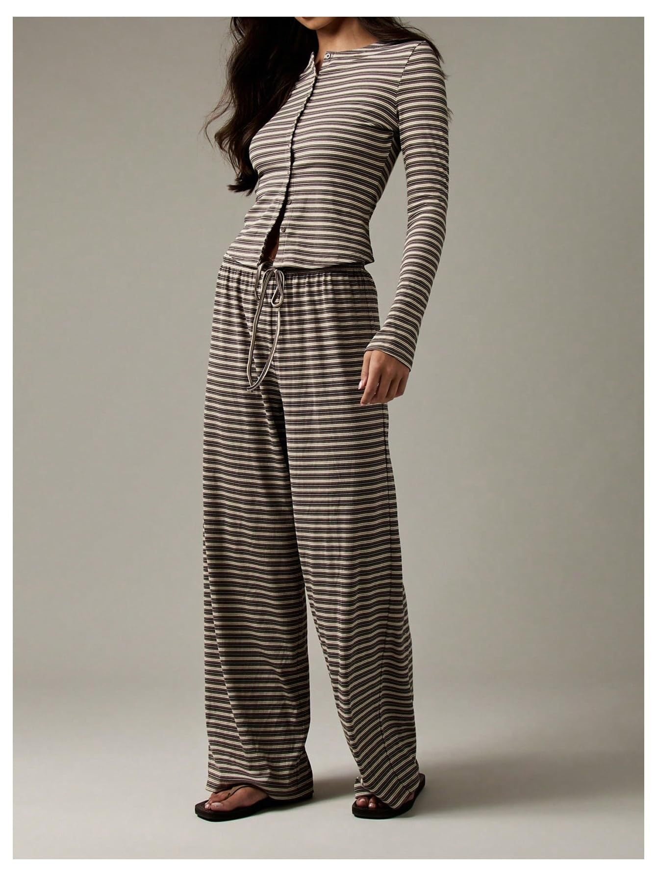 Striped Lounge Set Long Sleeve Top & Pants Soft Casual Outfit