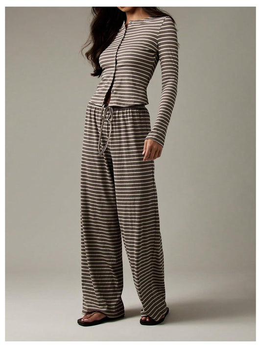 Striped Lounge Set Long Sleeve Top & Pants Soft Casual Outfit