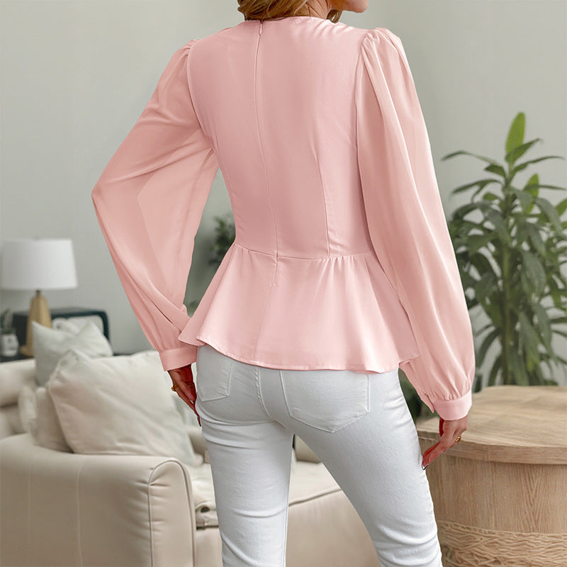 Elegant V-Neck Blouse with 3D Floral Waist Detail