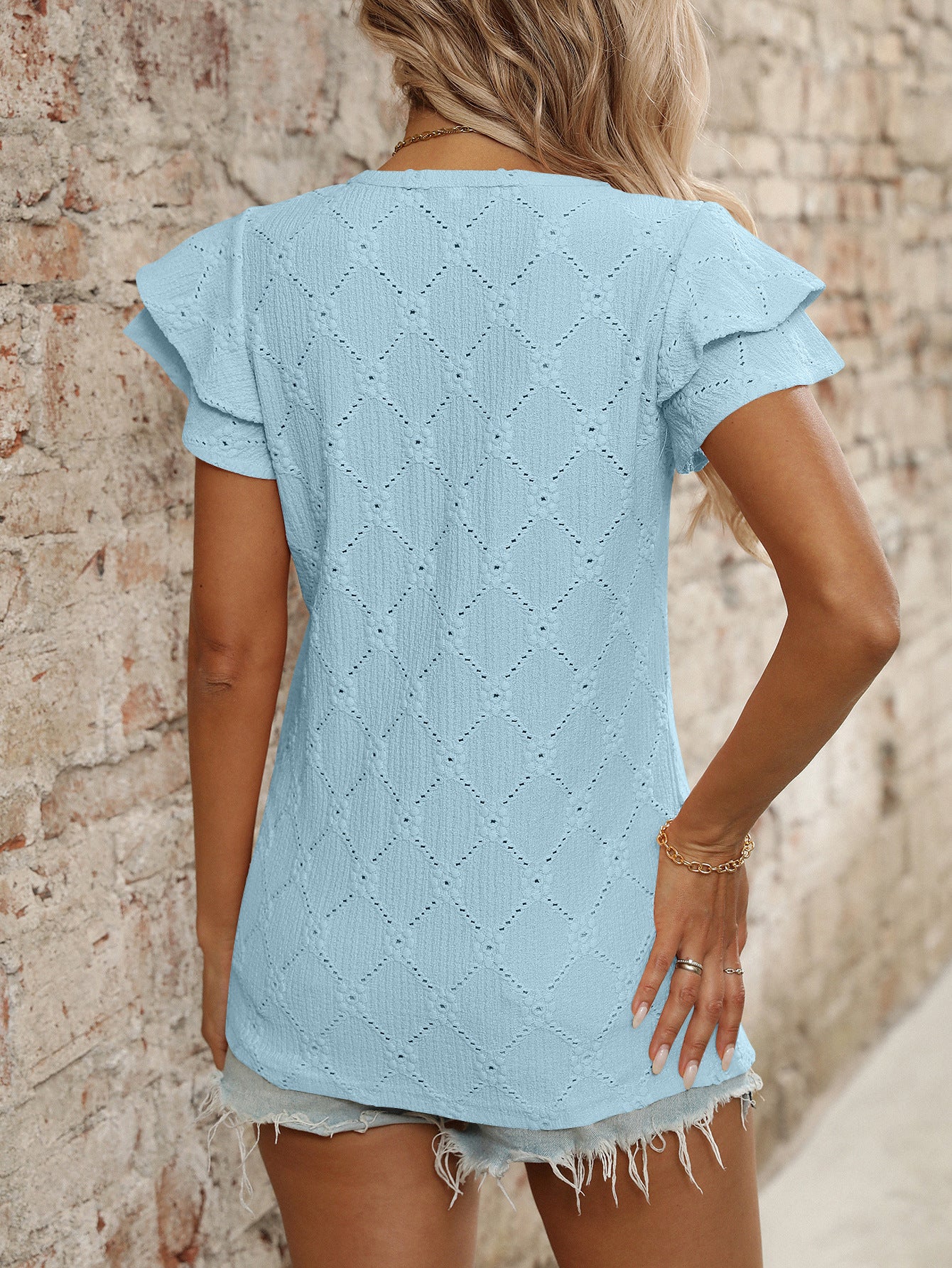V Neck Eyelet Ruffle Sleeve Knit Summer Casual Top