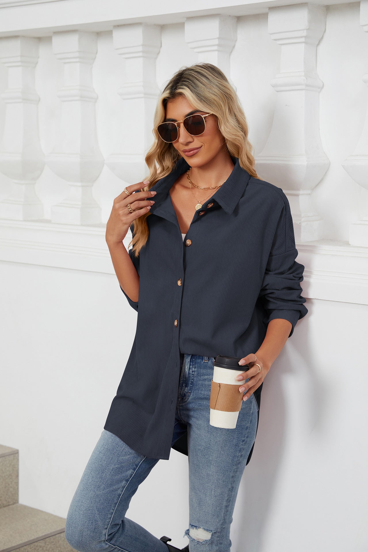 Solid Color Lapel Button-down Long-sleeved Loose Shirt