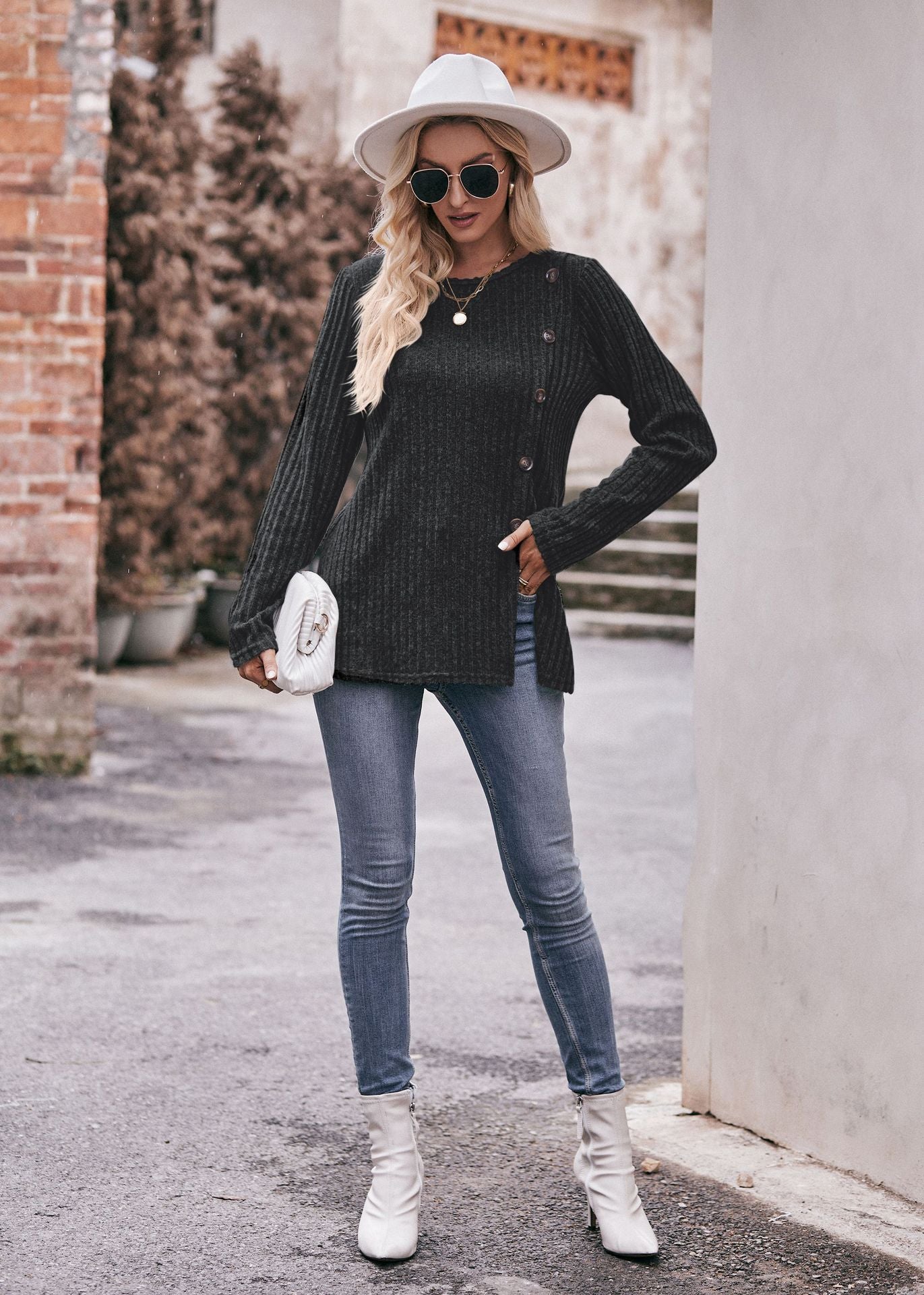 Women's Solid Color Crew Neck Slit Button