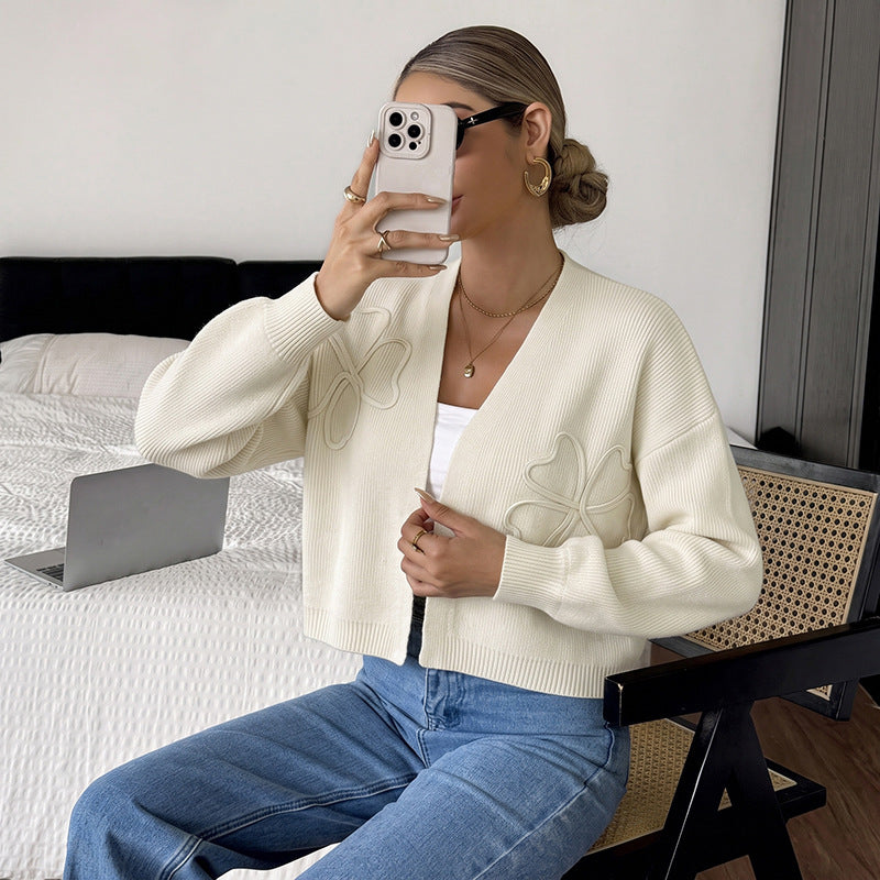 Embroidered Bow V Neck Knit Cardigan Long Sleeve Sweater