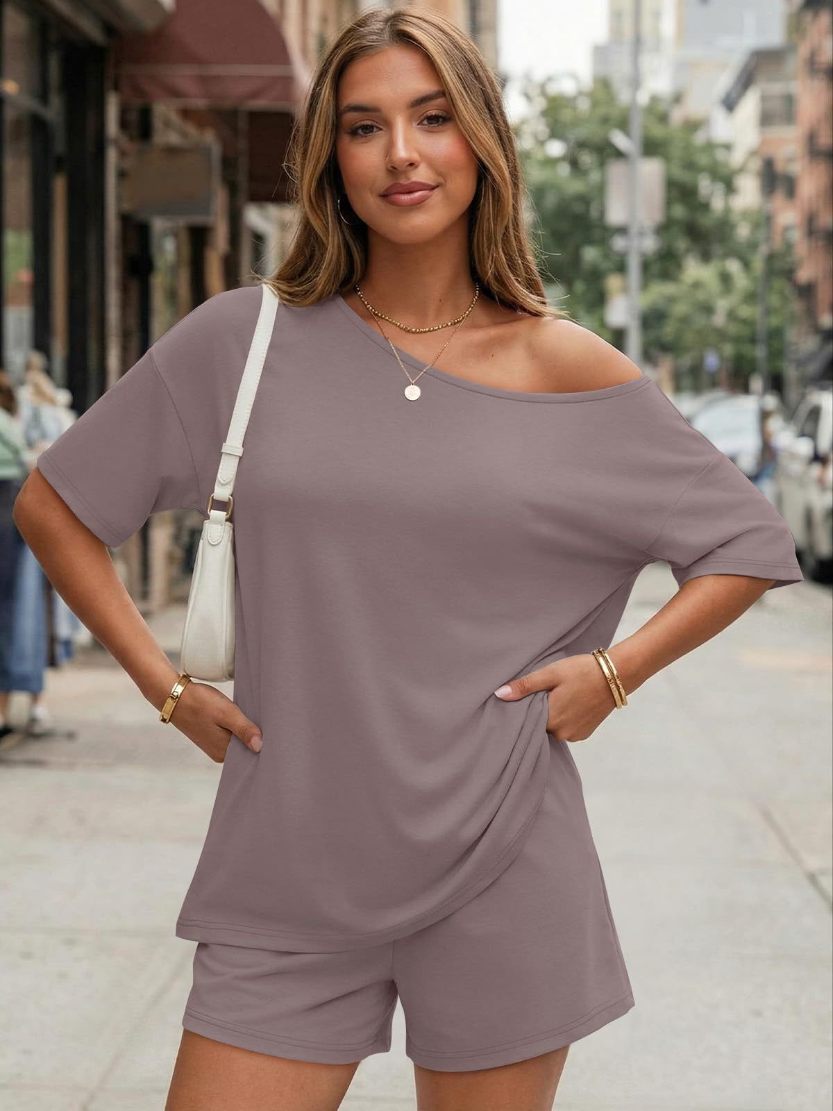 Women's Off Shoulder Lounge Set Casual Two Piece Shorts Outfit