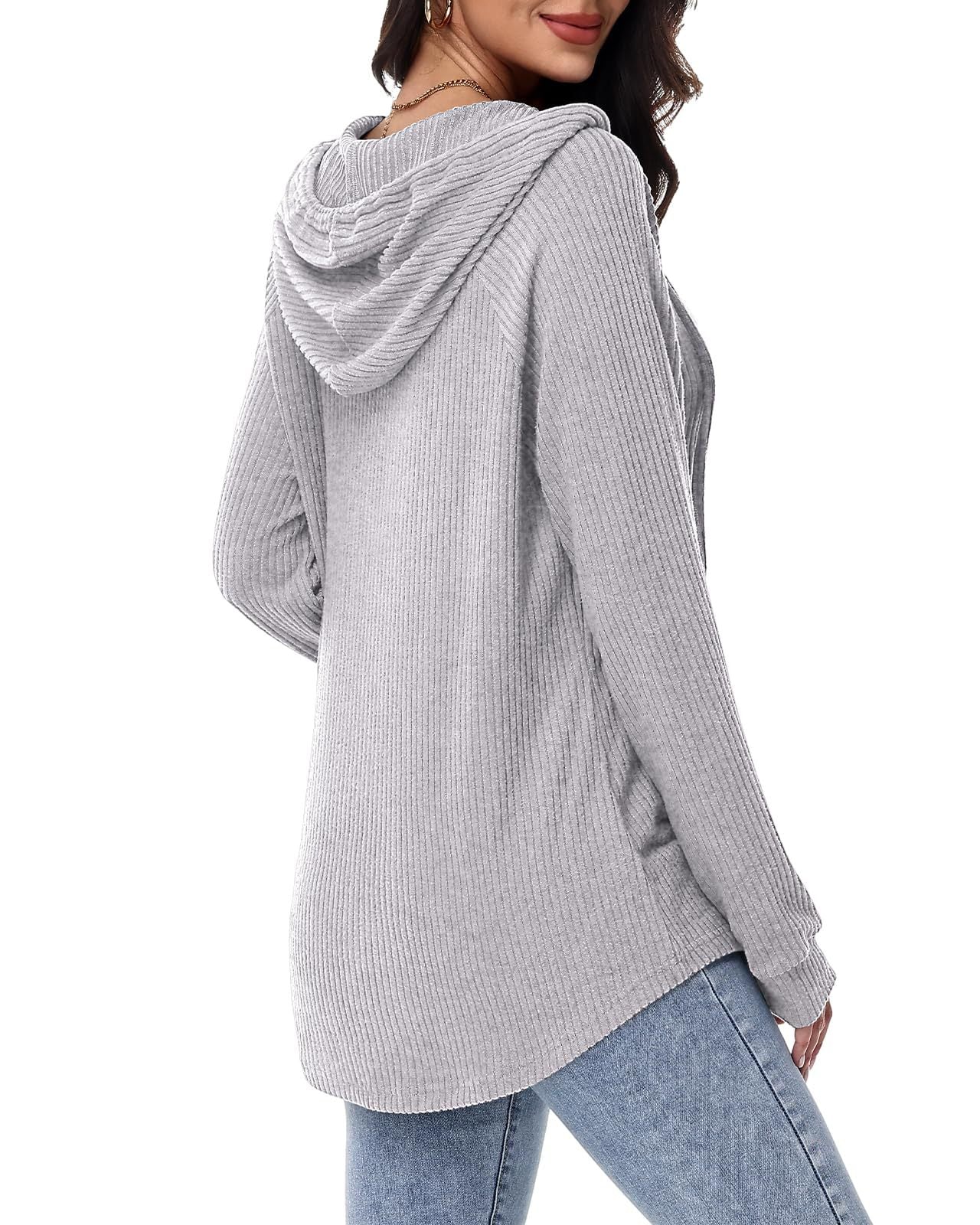 Ribbed Hooded Pullover with Button V-Neck