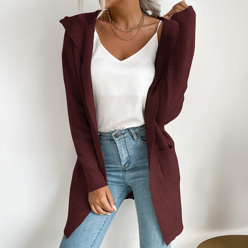 Hooded Knit Cardigan Long Sleeve Open Front Outerwear