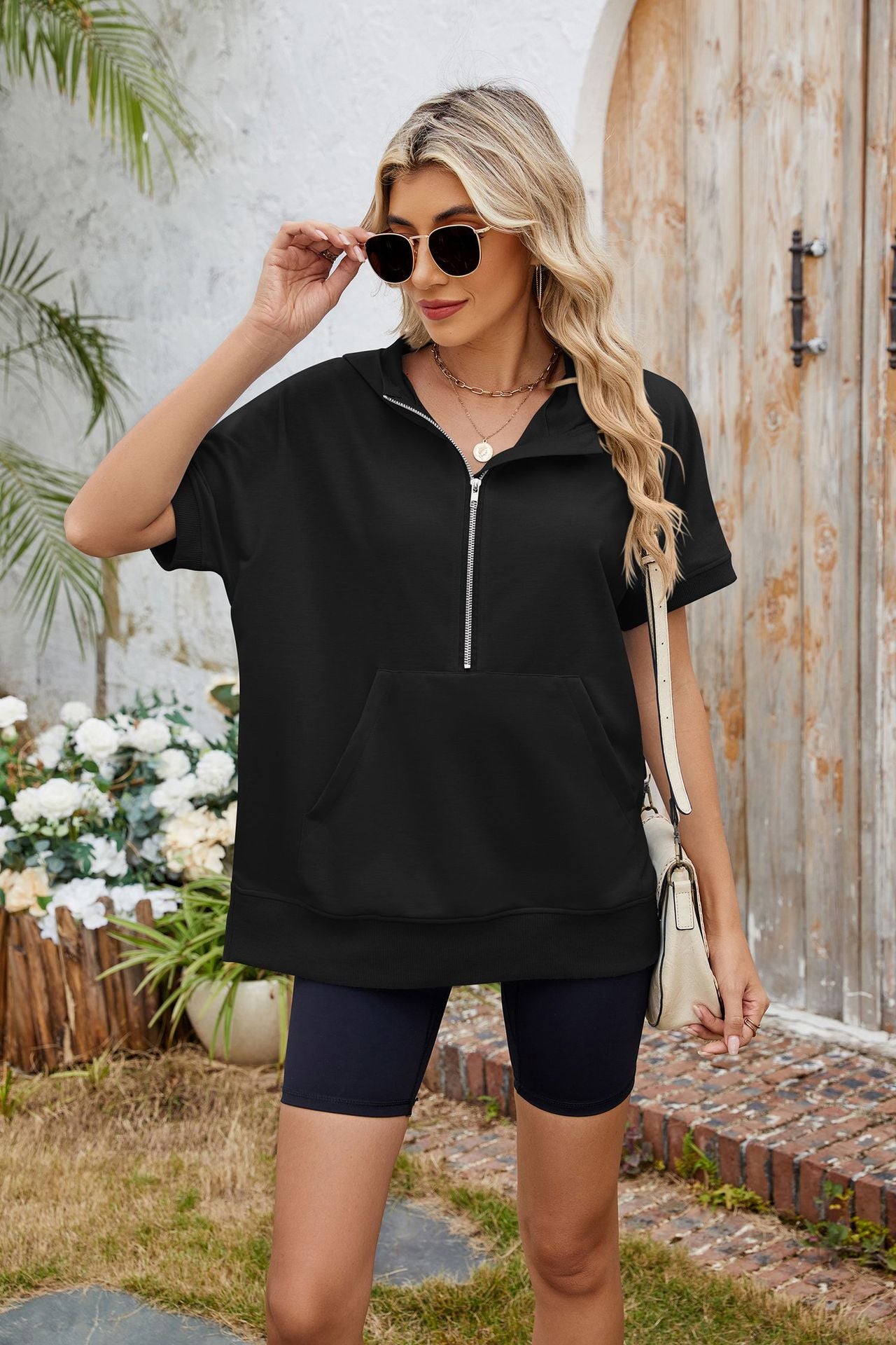 Hooded Short Sleeve Zipper Pocket Sweatshirt