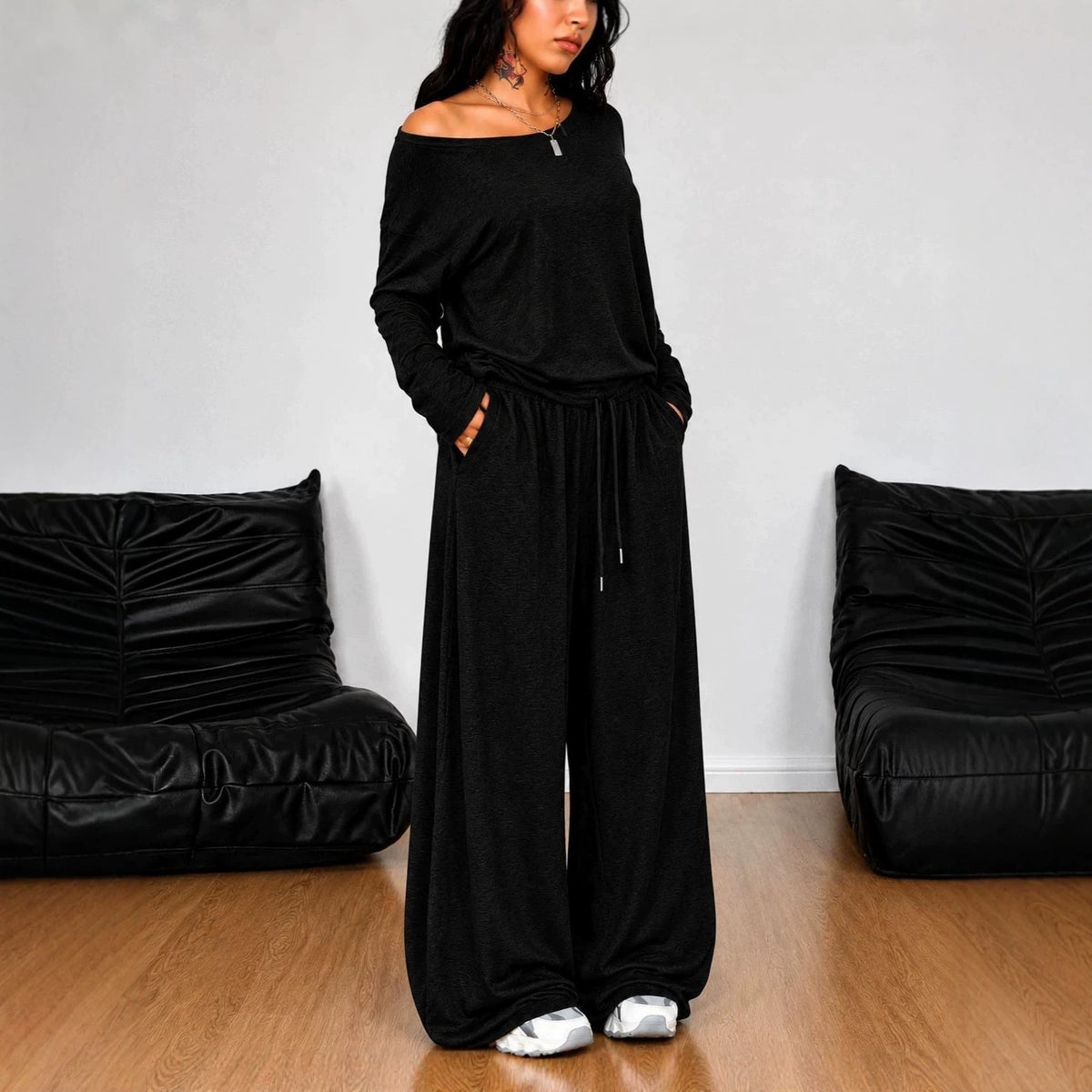 Women's Off Shoulder Wide Leg Two Piece Lounge Set