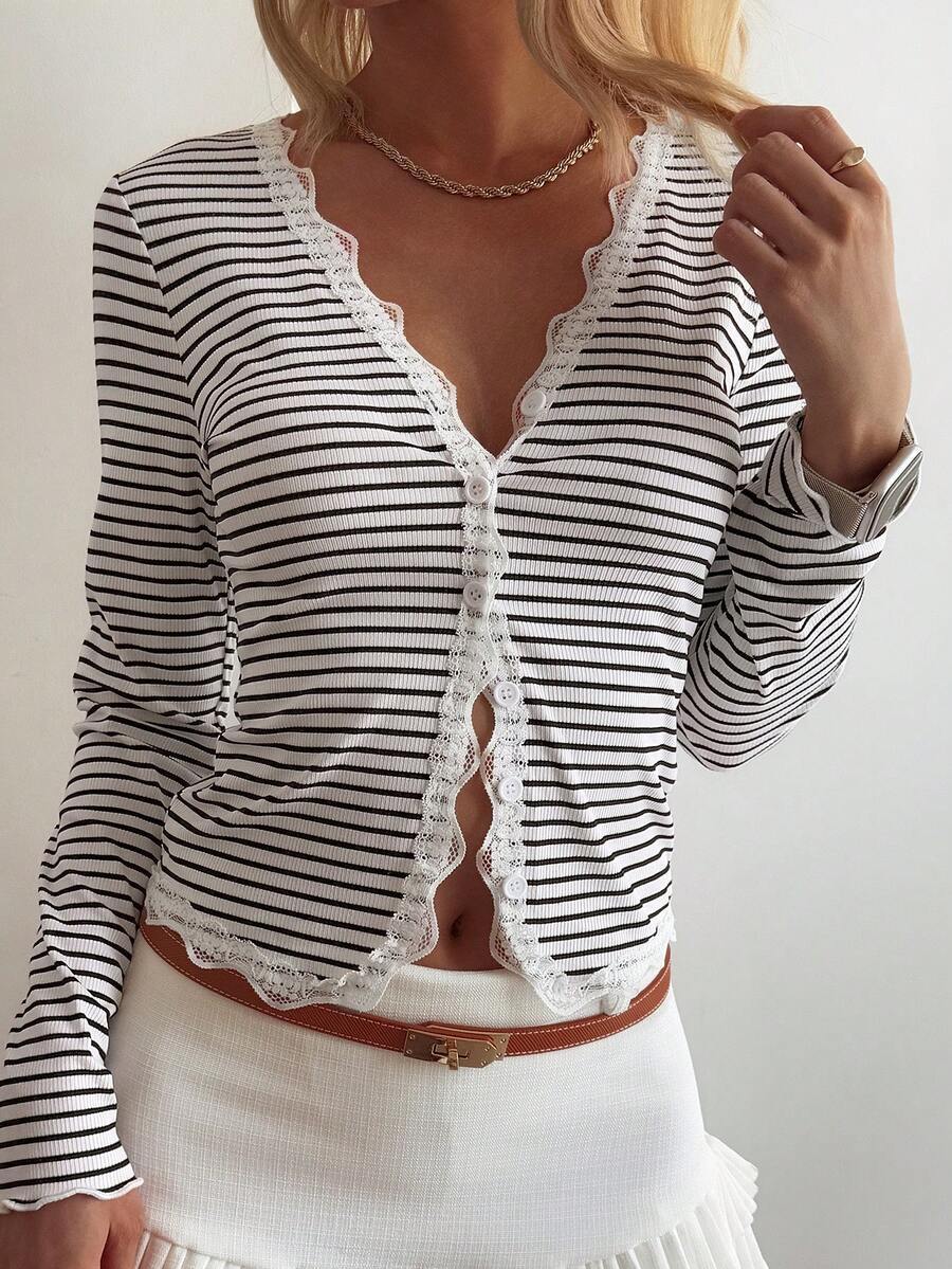 Striped Cotton Cardigan Sweet Lace Fitted Button Front