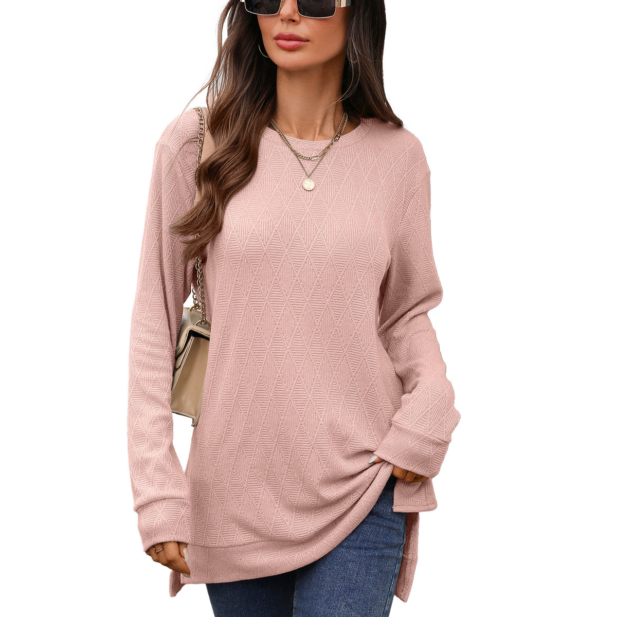 Women's Oversized Geometric Tunic Top Side Slit Long Sleeve