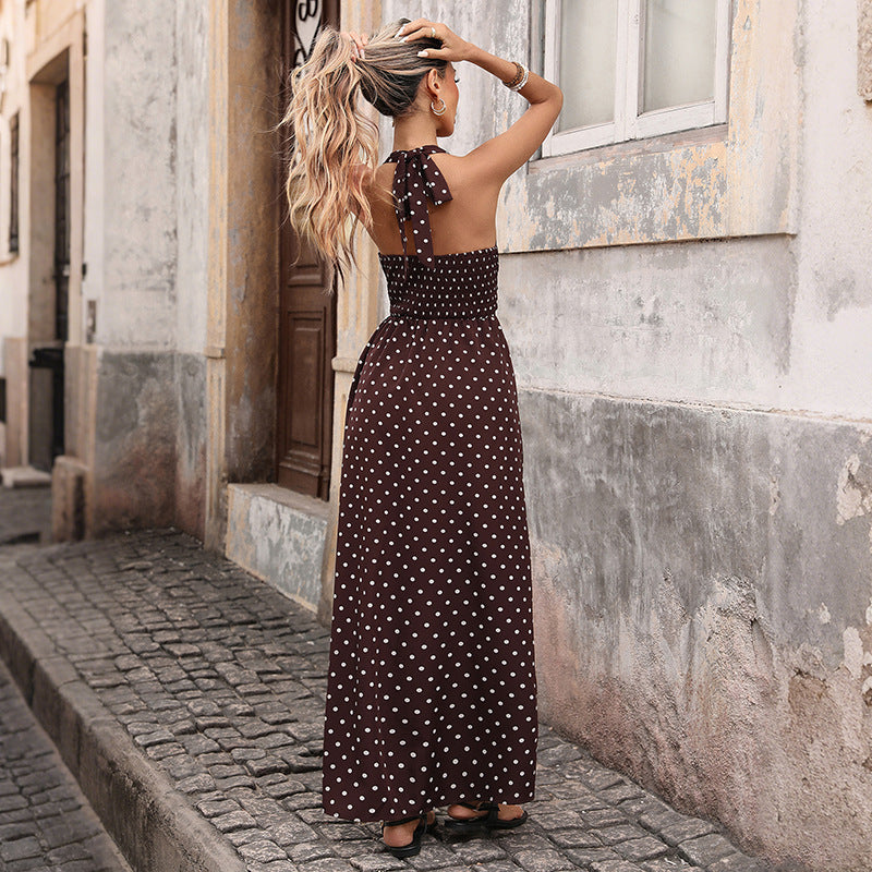 Polka Dot Halter Maxi Dress Deep V Vacation Dress