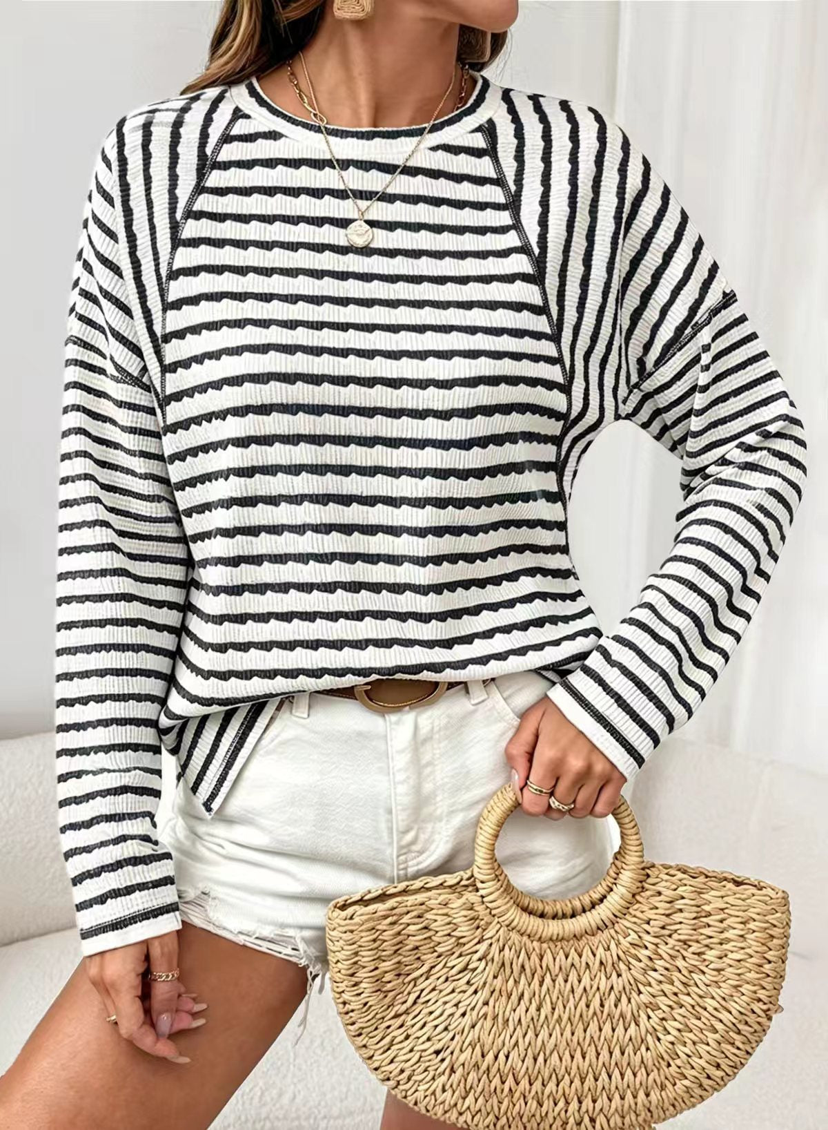 Top Casual Textured Striped Long Sleeve Pullover Knit